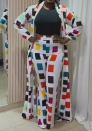(Real Image)2024 Styles Women Casual Printed Long Split Coat with Matching Bottoms Two-Piece Set