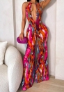 (Pink)2024 Styles Women Multicolor Wave Deep-V Exposed Back High-Waisted Jumpsuit