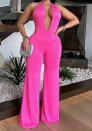 (Rose)2024 Styles Women Multicolor Wave Deep-V Exposed Back High-Waisted Jumpsuit