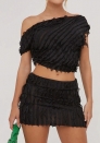 (Black)2024 Styles Women Wavy Striped Top with Exposed Back Short Sleeves Sexy Short Skirt Two-Piece Set