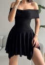 (Black)2024 Styles Women Sexy Off-Shoulder Belly-Covering Exposed-Back Slimming Casual Dress