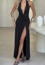 (Black)2024 Styles Women Halter V-Neck Lace-Up Exposed-Back Split Elegant Long Dress