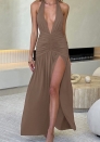 (Brown)2024 Styles Women Halter V-Neck Lace-Up Exposed-Back Split Elegant Long Dress