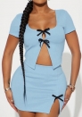 (Real Image)2024 Styles Women Exposed Waist Bow-Knot Lace-Up Top Women's T-Shirt and Bodycon Skirt Set