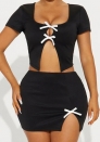 (Black)2024 Styles Women Exposed Waist Bow-Knot Lace-Up Top Women's T-Shirt and Bodycon Skirt Set