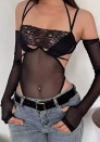(Real Image)2024 Styles Women Mesh and Lace Combo Halter Neck Tie-Sleeve Jumpsuit