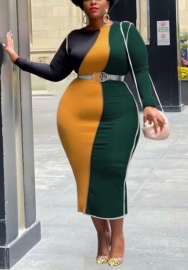 (Plus Size)2022 Styles Women Fashion Spring INS Styles Contrast Color Long Sleeve Maxi Dress