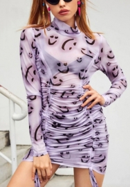 2022 Styles Women Fashion Summer INS Styles Print Mesh Long Sleve Ruffle Mini Dress