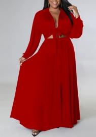 (Plus Size)(Red)2022 Styles Women Fashion Summer TikTok&Instagram Styles Front Tie Solid Color Maxi Dress