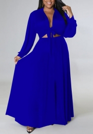 (Plus Size)(Blue)2022 Styles Women Fashion Summer TikTok&Instagram Styles Front Tie Solid Color Maxi Dress
