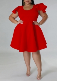 (Plus Size)(Red)2022 Styles Women Fashion Summer TikTok&Instagram Styles Ruffle Hem Midi Dress