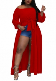 (Red)(Plus Size)2022 Styles Women Fashion Summer TikTok&Instagram Styles Front Button Waist Tie Maxi Dress