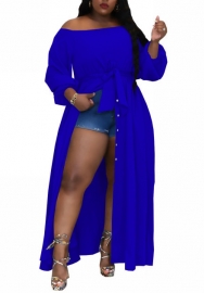 (Blue)(Plus Size)2022 Styles Women Fashion Summer TikTok&Instagram Styles Front Button Waist Tie Maxi Dress