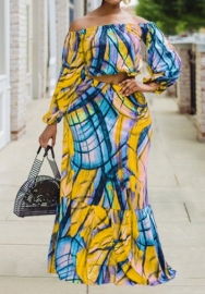 (Plus Size)(Yellow)2022 Styles Women Sexy Spring&Winter TikTok&Instagram Styles Print Maxi Dress