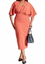(Orange)(Plus Size)2023 Styles Women Sexy&Fashion Spring&Summer TikTok&Instagram Styles Loose Midi Sleeve Two Piece Dress