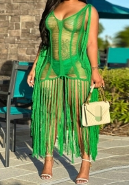 (Real Image)2023 Styles Women Sexy&Fashion Spring&Summer TikTok&Instagram Styles Green Tassel Mini Dress