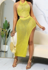 (Real Image)2023 Styles Women Sexy&Fashion Spring&Summer TikTok&Instagram Styles Yellow Sweater Two Piece Dress