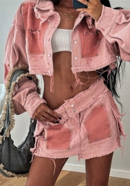 (Real Image)2023 Styles Women Sexy&Fashion Spring&Summer TikTok&Instagram Styles Pink Jeans Ripped Two Piece Dress