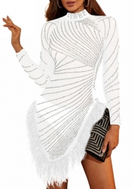 (White)2023 Styles Women Sexy&Fashion Autumn/Winter TikTok&Instagram Styles  Sequins Mesh Long Sleeve Mini Dress