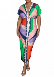(Real Image)2023 Styles Women Sexy&Fashion Autumn/Winter TikTok&Instagram Styles  Print Contrast Color High Split Maxi Dress