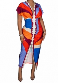 (Orange)2023 Styles Women Sexy&Fashion Autumn/Winter TikTok&Instagram Styles  Print Contrast Color High Split Maxi Dress