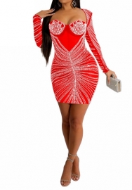 (Red)2023 Styles Women Sexy&Fashion Autumn/Winter TikTok&Instagram Styles  Sequins Mesh Long Sleeve Mini Dress