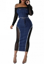 (Real Image)2023 Styles Women Sexy&Fashion Autumn/Winter TikTok&Instagram Styles Long SLeeve Jeans Mesh Maxi Dress