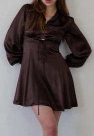 (Coffee)2023 Styles Women Sexy&Fashion Autumn/Winter TikTok&Instagram Styles Lace Up Long Sleeve Mini Dress