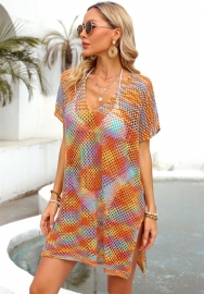 (Real Image)2024 Styles Women Summer Cover Up Rainbow Splicing Hollow Loose Bikini Beach Cardigan Knitted Cardigan
