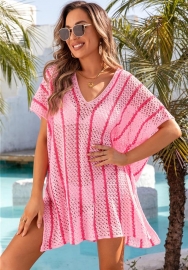 (Real Image)2024 Styles Women Summer Beach Knitted Sun Protection Clothing Bikini Vacation Dress Plus Size Loose Color Block Cover Up