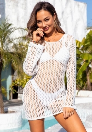 (Real Image)2024 Styles Women Summer Sun Protection Clothing Long Sleeve Backless Bikini Beach Dress Knitted Cardigan Cover Up