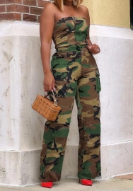 (Real Image)2024 Styles Women Camo Print Tube Top and Cargo Pants Set