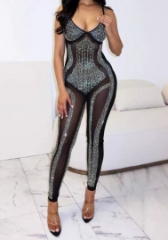 (Real Image)2024 Styles Women Sequined Sheer Spaghetti Strap Stretch Jumpsuit