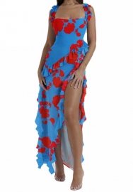 (Blue)2024 Styles Women Sexy Floral Lace-Trimmed Split-Hem Multicolor Maxi Dress