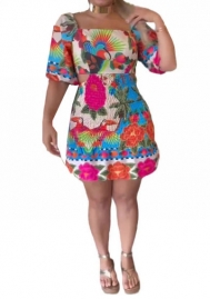 (Colorful)2024 Styles Women Floral Waist-Cinch Backless Lantern Sleeves Off-Shoulder Two-Way Dress