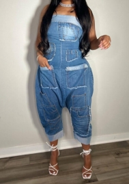 (Real Image)2024 Styles Women Denim Utility Pockets Patchwork Relaxed Sleeveless Overalls