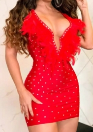 (Red)2024 Styles Women Seductive Sequined Feather V-Neck Backless Bodycon Dress