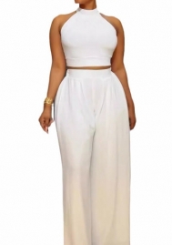 (Real Image)2024 Styles Women Sexy Pleated Sleeveless High-Waist Top and Palazzo Pants Two-Piece Set