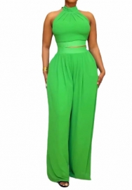 (Green)2024 Styles Women Sexy Pleated Sleeveless High-Waist Top and Palazzo Pants Two-Piece Set