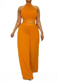 (Orange)2024 Styles Women Sexy Pleated Sleeveless High-Waist Top and Palazzo Pants Two-Piece Set