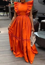 (Real Image)2024 Styles Plus Size Women Summer Elegant Ruffle Sleeve Round Neck Waist-Cinch Long A-Line Dress