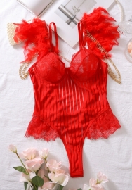 (Real Image)2024 Styles Women Sexy Lace Padded with Striped Net Mesh U-Back Feather Shapewear Erotic Bodysuit