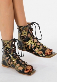 (Real Image)2024 Styles Women Luxury Lightweight Hollow-Out Gold Square-Toe Laced Roman Gladiator Flat Sandals