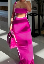 (Real Image)2024 Styles Women Sexy Contrast-Trim Short Top with Suspender Belted Maxi Skirt Set