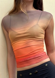 (Real Image)2024 Styles Women Digital Print Gradient Color Short-Sleeved Elegant Slim Top