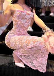 (Real Image)2024 Styles Women Trendy and Sexy Strappy Backless Lace Sheer Long Dress with Bodycon Fit