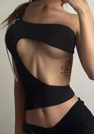 (Real Image)2024 Styles Women Asymmetrical Sleeveless Cutout Back Chain Detailing Body-Con Top