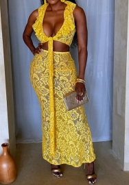 (Real Image)2024 Styles Women Lace-Appliqued Sleeveless V-Neck Tied-Up Top with Long Skirt Two-Piece Set