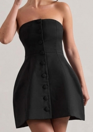 (Black)2024 Styles Women Stylish Solid Color Button-Front Halter Neck High-Waist Dress
