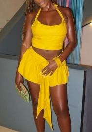 (Real Image)2024 Styles Women Halter Cut-Out Bust with Pleated Ruffle Hem Short Skirt Casual Set